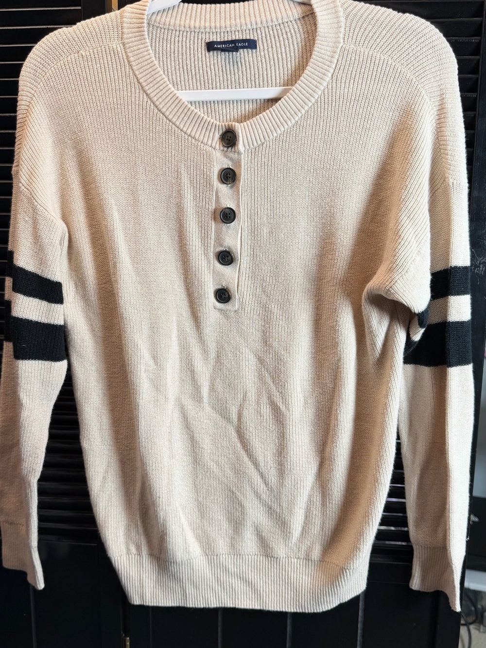 American Eagle Outfitters Cream Henley Sweater with Black Sleeve Stripes